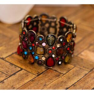 Vintage Intricate Rhinestones Multicolor Beads Unique Gold Tone Bracelet | H32